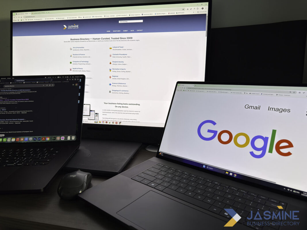 Dual-monitor workspace illustrating digital tools used for B2B directory research and lead generation Dual-monitor computer setup on a dark desk showing business directory and search interfaces, illustrating digital tools for B2B lead generation and directory research.