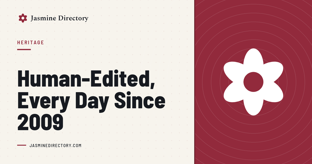 Jasmine Directory graphic headed ‘Human-Edited, Every Day Since 2009’