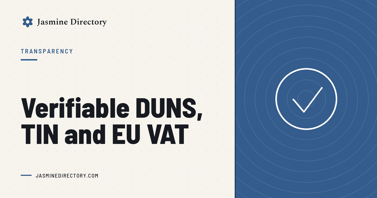 Jasmine Directory graphic headed ‘Verifiable DUNS, TIN and EU VAT’