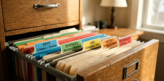 Open wooden filing drawer with color-coded hanging folders labeled by category including Law, illustrating systematic organization for professional directory resources.